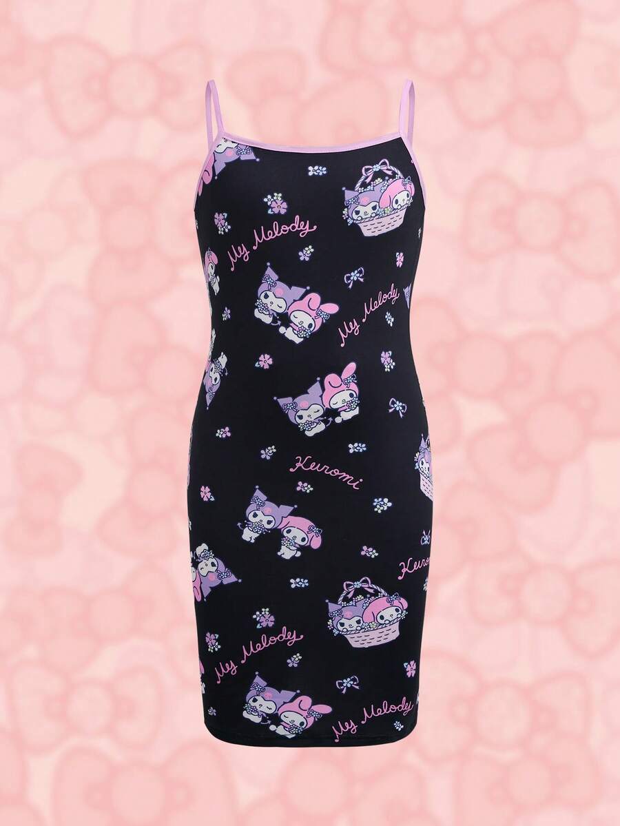 HELLO KITTY AND FRIENDS | SHEIN Tween Girl Cartoon Print Spaghetti Strap Dress - Black - View 1