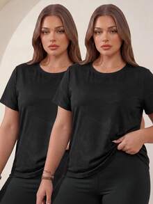 Easithlete Plus Size Women's Solid Color Round Neck Casual Versatile Daily & Sports T-Shirt - Black - View 1