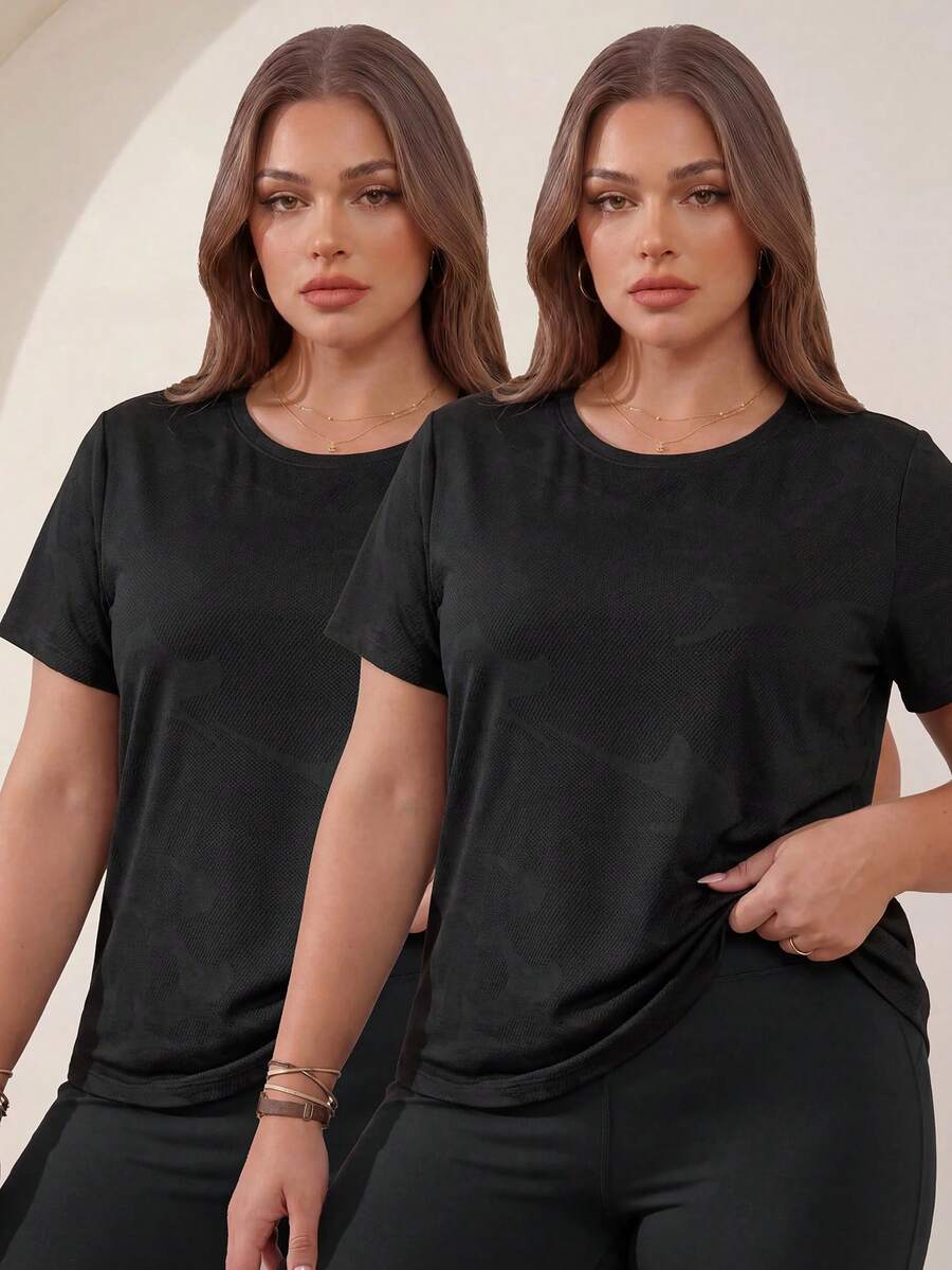 Easithlete Plus Size Women's Solid Color Round Neck Casual Versatile Daily & Sports T-Shirt - Black - View 1