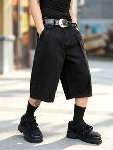 Manfinity Homme Plus Size Men's Pleated Loose Fit Denim Wide Leg Shorts With Pockets - Black - View 3