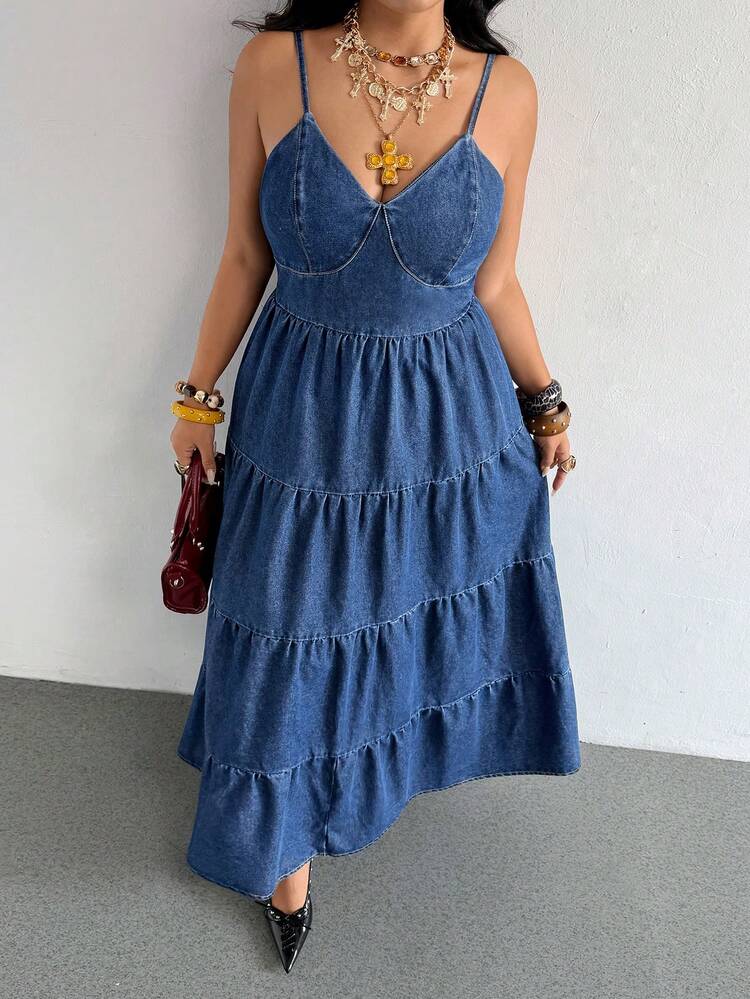 SHEIN Holidaya 大尺碼夏季休閒綁帶露背細肩帶牛仔洋裝 - 藍色 - 查看 7