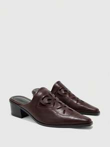 CUCCOO BIZCHIC Pointed Embossed Mules Shoes, Retro Western Style Thick Heel Mules Shoes Fall Shoes - Coffee Brown - View 2