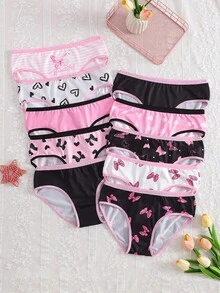 SHEIN 【5入隨機】青少年女孩三角內褲 可愛蝴蝶結 蝴蝶愛心花卉印花 黑色粉色 柔軟內褲 - 彩色 - 查看 2