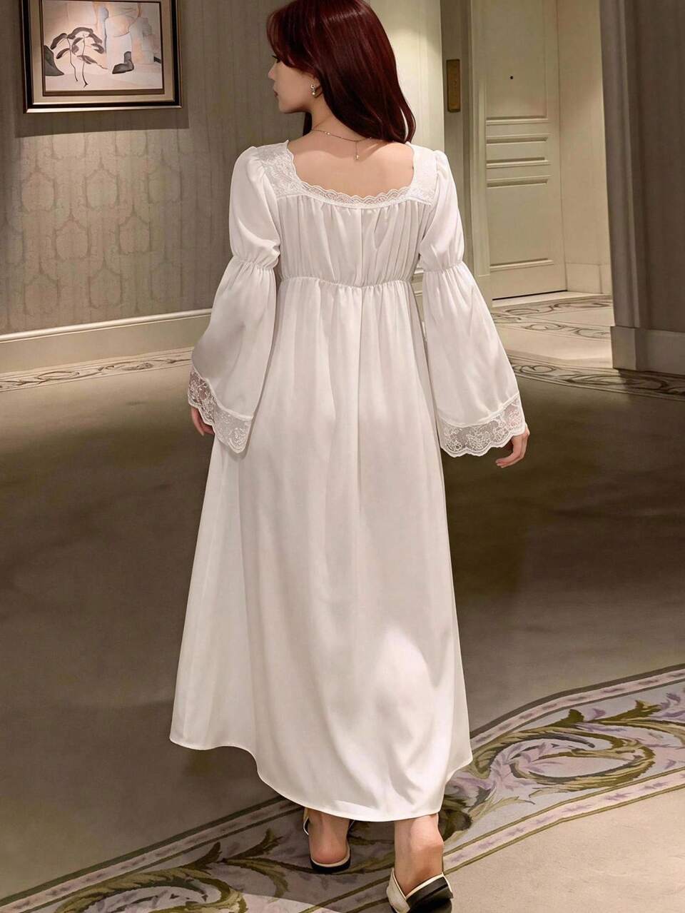 Women's Lace Patchwork Petal Sleeve Long Sleeve Slit Long Dress Nightgown Fall