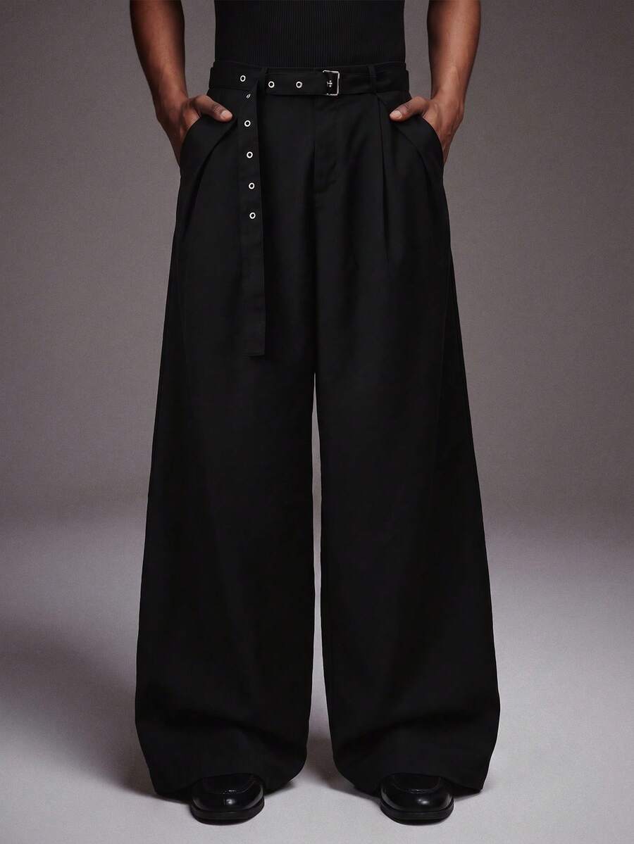 STYNVO Men's Fashion Versatile Street Casual Commuter Date Night Vacation Solid Color Belted Long Pants Black Autumn - Black - View 1