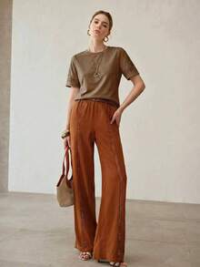 MOTF PREMIUM WOMEN SUMMER SOLID LACE INSERT SHORT SLEEVE TEE - Coffee Brown - View 8