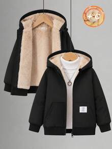 SHEIN 男童純色抓絨內裡連帽外套，柔軟抓絨內裡舒適保暖，全天候防護，適合上學，嬰兒白色冬季款 - 黑色 - 查看 4