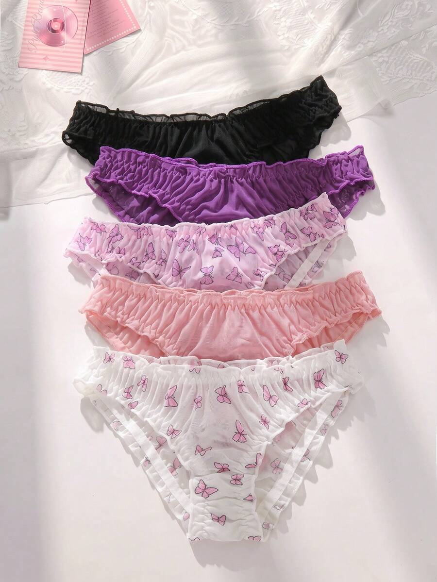 PetitDoll 5入組日式復古可愛網眼性感低腰三角褲 - 彩色 - 查看 1
