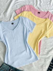 SHEIN EZwear 3件組女款夏季V領修身T恤，龐克次文化動漫純色基礎款短袖修身T恤 - 彩色 - 查看 4