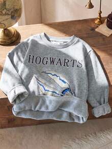 PrepCrw HARRY POTTER X SHEIN 小男孩圓領字母圖案休閒日常長袖運動衫 - 灰色 - 查看 1