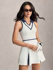 Activina Set da donna con abito sportivo senza maniche con colletto polo bianco + pantaloncini sportivi aderenti - Bianco - Visualizzare 4