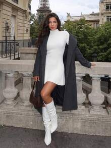 Privoire Women's Elegant Commute Solid Color Stand Collar Knit Dress - White - View 6