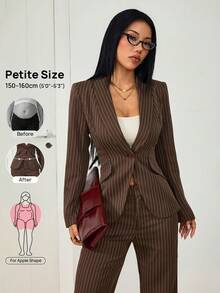 SHEIN PETITE 女款條紋單排扣長袖夾克與長褲休閒日常套裝 - 棕色 - 查看 10