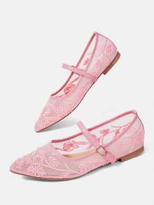 CUCCOO HITCHD 女款網紗刺繡串珠設計方頭瑪麗珍鞋，簡約扣環，法式低鞋幫軟底透氣鞋 - 粉色 - 查看 11