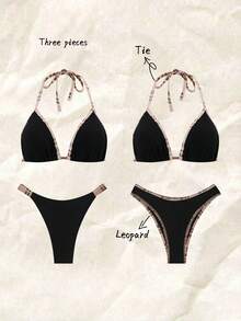 Elavelle Solid Color 3 PiecesBikini Set Women's Swimwear For Hot Spring Vacation - Black - View 3
