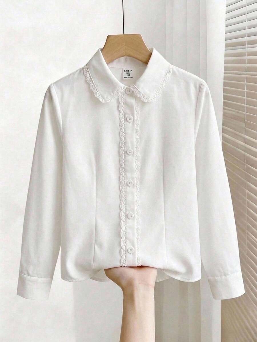 Tween Girl Tween Girls White Casual Sweet Lace Patchwork Ruffle Trim Long Sleeve Blouse, Tween Girl Outfit, Back To School Outfit - White - View 1