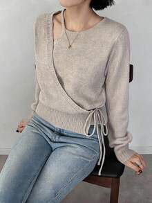 FRIFUL Women's Korean Autumn Outfit Solid Color Tie-Up Bow Knot Sweater - Apricot - View 2