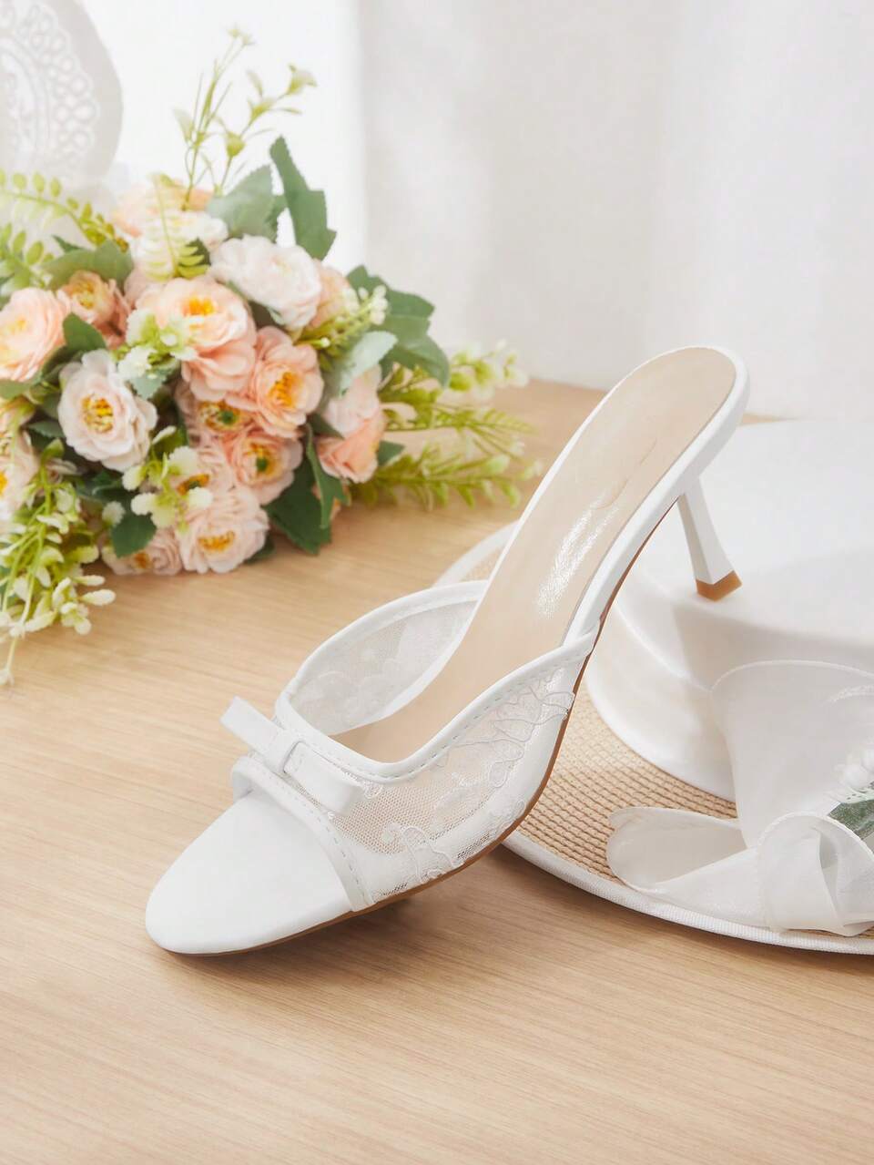 CUCCOO HITCHD Women's Shoes Bow Mesh Slip-On Round Toe Stiletto Commuting Fashion White Women's High Heel Sandals Dating Afternoon Tea