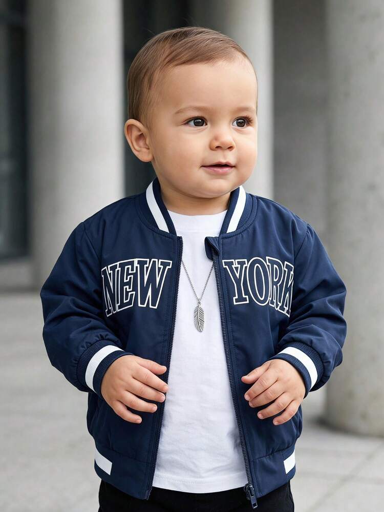 SHEIN Playful Pals Baby Boy Colorblock Striped Ribbed Collar Cartoon Cute 3D Embroidered Long Sleeve Zip-Up Jacket, Spring Autumn Casual College Style Letter Embroidery Jacket - Royal Blue - View 9