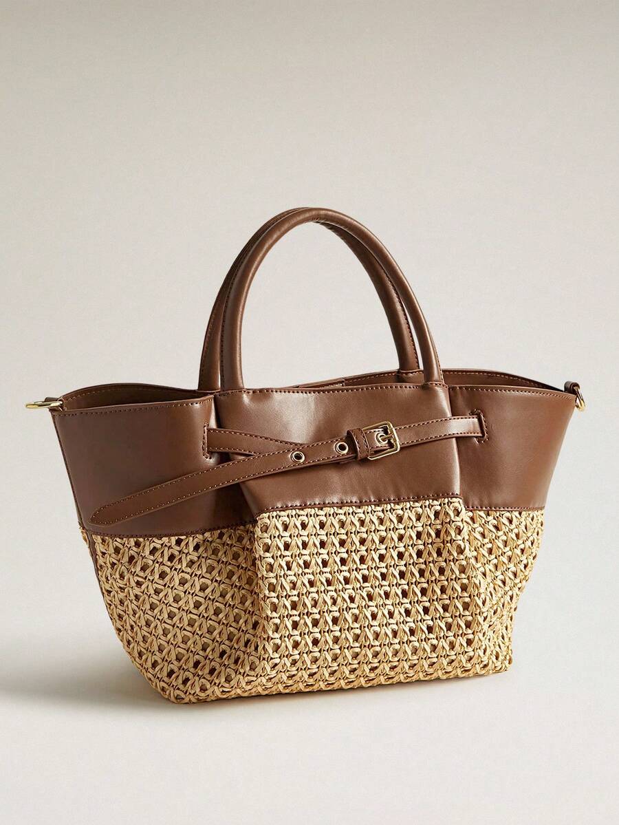 Wovira Women's Tote Bag, Woven, Flower Pendant, Contrasting Color Splicing, Vacation Old Money Style, Simple Urban Fashion, Suitable For Daily Commuting - Mica - View 1