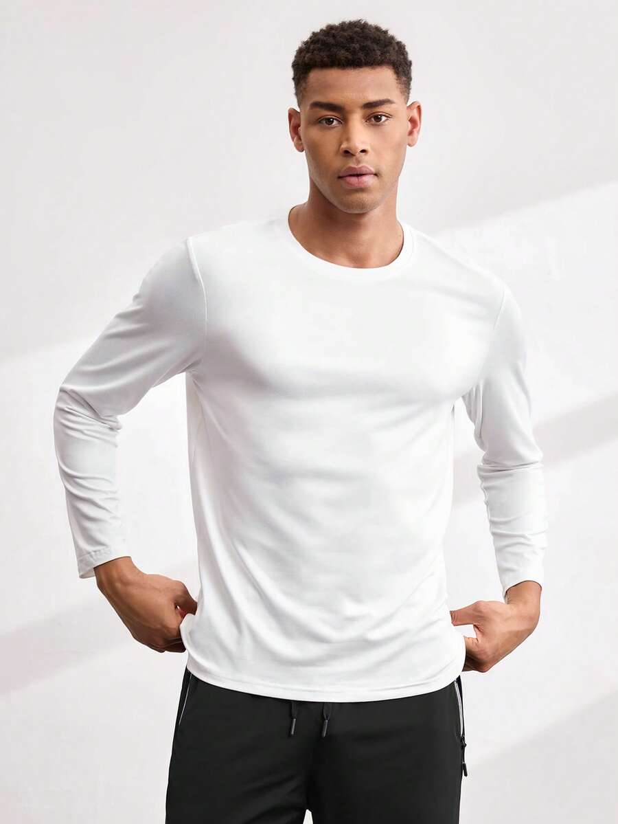 Driftmere Men's Casual Solid Color Round Neck Long Sleeve T-Shirt, For Fall - White - View 1