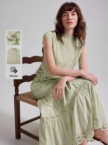 Ontre Women's Lace Patchwork Fashion Hollow Pleated Round Neck Top Sweet - Green - View 5