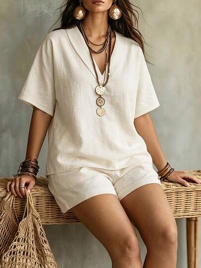 Linhara CURVE Plus Size Women's Linen-Like Loose Top And Shorts 2 Pieces Set For Vacation And Daily Wear