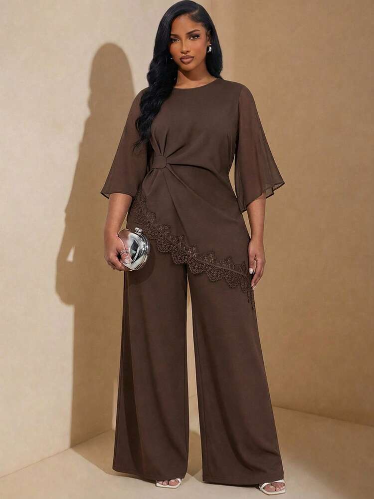 Reflora Plus Size Solid Color Lace Patchwork Asymmetrical Hem Top And Pants 2 Pieces Set Wedding Dinner Formal Evening Chocolate Brown Autumn Elegant - Brown - View 3
