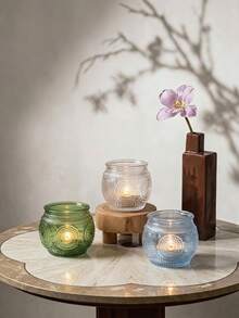 Cirelle 6pcs Embossed Glass Votive Candle Holders, Retro Round Glass Tealight Cup For Votive Candles, Decorative Glass Candle Jar For Dining Table, Spa, Wedding Centerpiece & Holiday Decor - multicolor - View 1