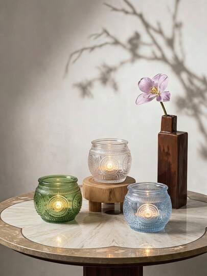 Cirelle 6pcs Embossed Glass Votive Candle Holders, Retro Round Glass Tealight Cup For Votive Candles, Decorative Glass Candle Jar For Dining Table, Spa, Wedding Centerpiece & Holiday Decor