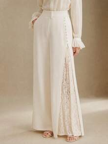Anewsta Elegant White Wide-Leg Pants With Contrast Lace And Pleats, Suitable For Daily Wear Brunch Tea Party And Dates Autumn - Apricot - View 7