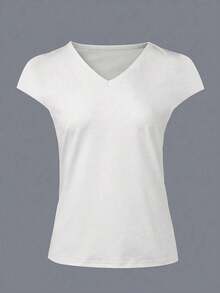 Omancia Camiseta de mujer de unicolor con escote en V, minimalista y de moda, adecuada para el verano - Blanco - Ver 4