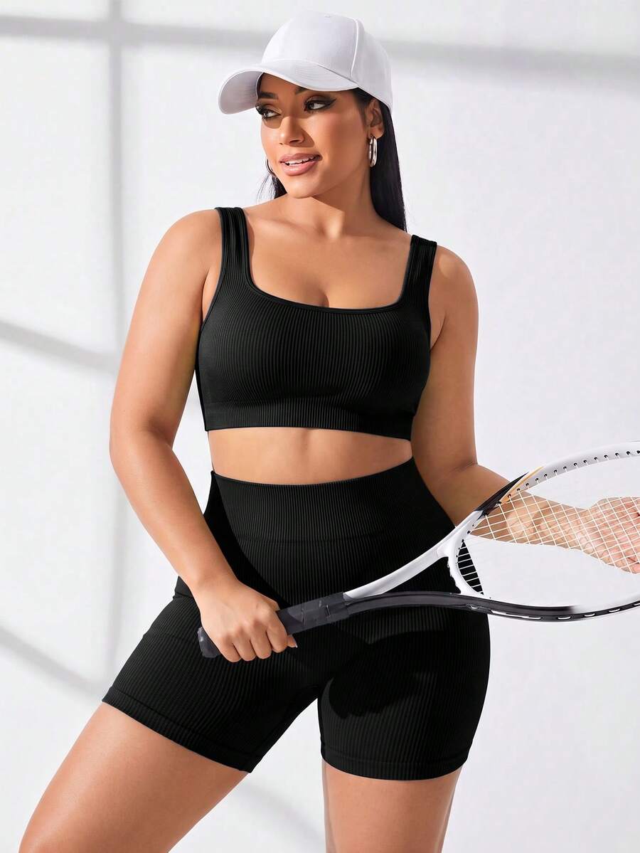 Rhythm Era Plus Size Solid Color Tank Top And Tight Shorts Sports Set - Black - View 1