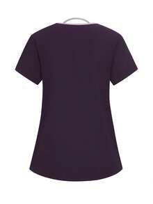 TaskEZ Solid Color Patchwork V-Neck Short Sleeve Top And Pants Scrub Uniform Set - Purple - View 4