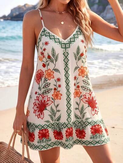 Swim Vcay Women's Spring/Summer Beach Outfit Printed Spaghetti Strap Backless Beaded Vacation Dress Cover-Up