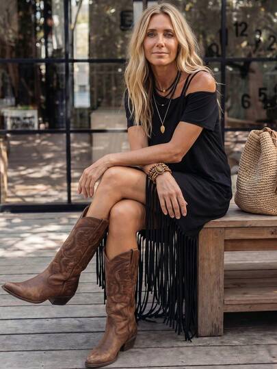 LanaWest Vestido de mujer casual con borlas largas, cuello asimétrico, tirantes finos, manga corta, diseño holgado y estilizado, versátil para uso diario, estilo vintage occidental, bohemio, romántico, para vacaciones, festivales de música y verano, nuevo