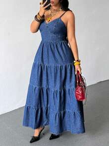 SHEIN Holidaya Plus Size Summer Casual Tie Back Open Back Spaghetti Strap Denim Dress - Blue - View 8
