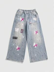 ROMWE Grunge Punk Plus Size Women's Vintage Punk Cross Embroidery Rhinestone Loose Wide Leg Denim Jeans, Slimming Versatile Casual Long Pants - Blue - View 1