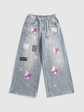 Grunge Punk Plus Size Women's Vintage Punk Cross Embroidery Rhinestone Loose Wide Leg Denim Jeans, Slimming Versatile Casual Long Pants