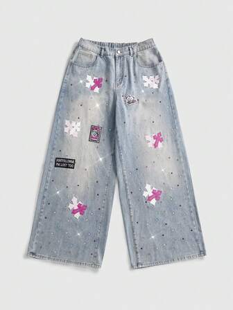 Grunge Punk Jean en denim vintage punk pour femmes grande taille, broderie croix, strass, coupe ample à jambes larges, pantalon long amincissant polyvalent et décontracté