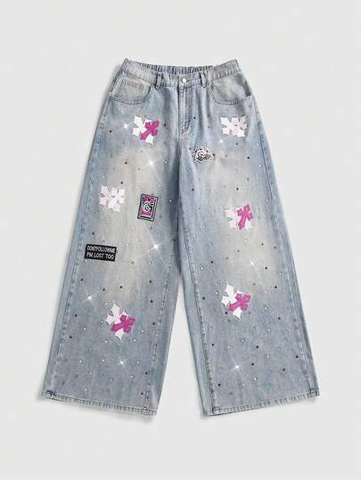 Grunge Punk Jeans in denim da donna taglie forti vintage punk con ricamo a croce e strass, gamba larga ampia, pantaloni lunghi casual versatili e snellenti