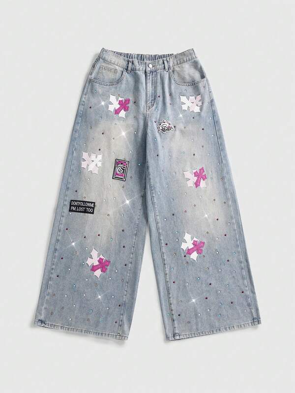 ROMWE Grunge Punk Plus Size Women's Vintage Punk Cross Embroidery Rhinestone Loose Wide Leg Denim Jeans, Slimming Versatile Casual Long Pants