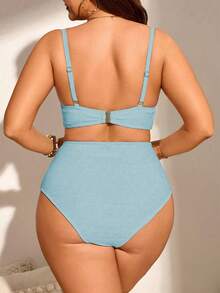 SHEIN Swim Curve 大码女式两件套纯色褶皱吊带背心式泳衣套装，度假装 - 淺藍色 - 查看 2