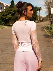 Vivi Wanderley Blusa de mujer de manga larga 2 en 1 de punto ligero con patchwork de encaje rosa, blusa transparente rosa, blusa de encaje rosa, blusa de manga larga rosa, casual - Rosa Pálido - Ver 2