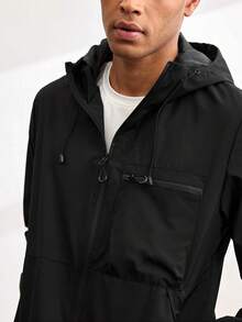 Driftmere Men's Hooded Drawstring Soft Shell Windbreaker Jacket, Sports & Casual, Front Large Pocket, Zipper Side Pockets, Suitable For Daily Wear, Versatile & Popular Jacket - Black - View 6