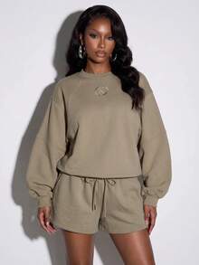 Avantive Women's Fashion Embroidered Long Sleeve Sweatshirt And Drawstring Waist Pocket Shorts 2 Pieces Set Airport Khaki Autumn Casual - Mocha Brown - View 2