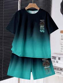 SHEIN 青少年男童休闲舒适简约圆领短袖T恤和短裤套装 - 彩色 - 查看 3