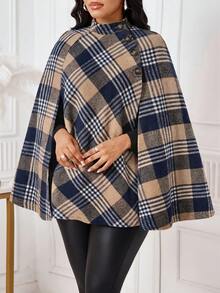 SHEIN Lady 女款優雅格紋羊毛披肩大衣，秋冬款 - 藍白色 - 查看 3