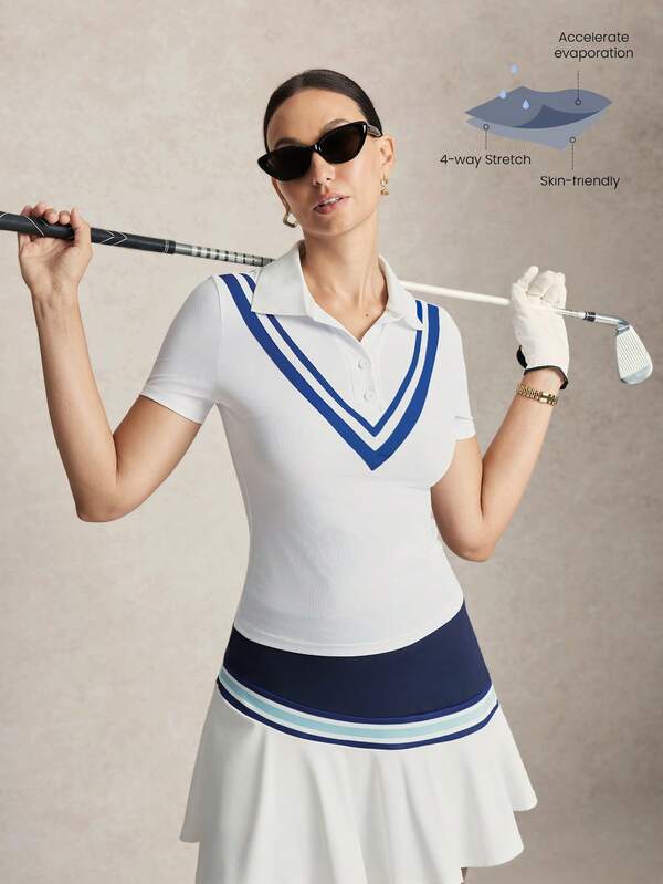 Activina Women's White Collar Striped Decor Sports Polo Shirt Pickleball Tennis Golf Ralphlauren Old Money For Daily Casual Wear Casual Youthful