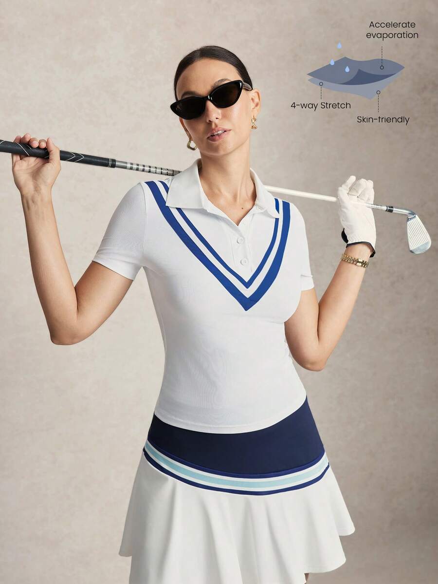 Activina 女士白色领条纹装饰运动Polo衫